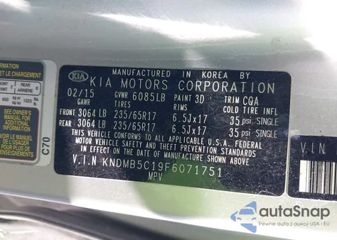 2015 Kia Sedona Lx z USA, uszkodzony, nr VIN KNDMB5C19F6071751